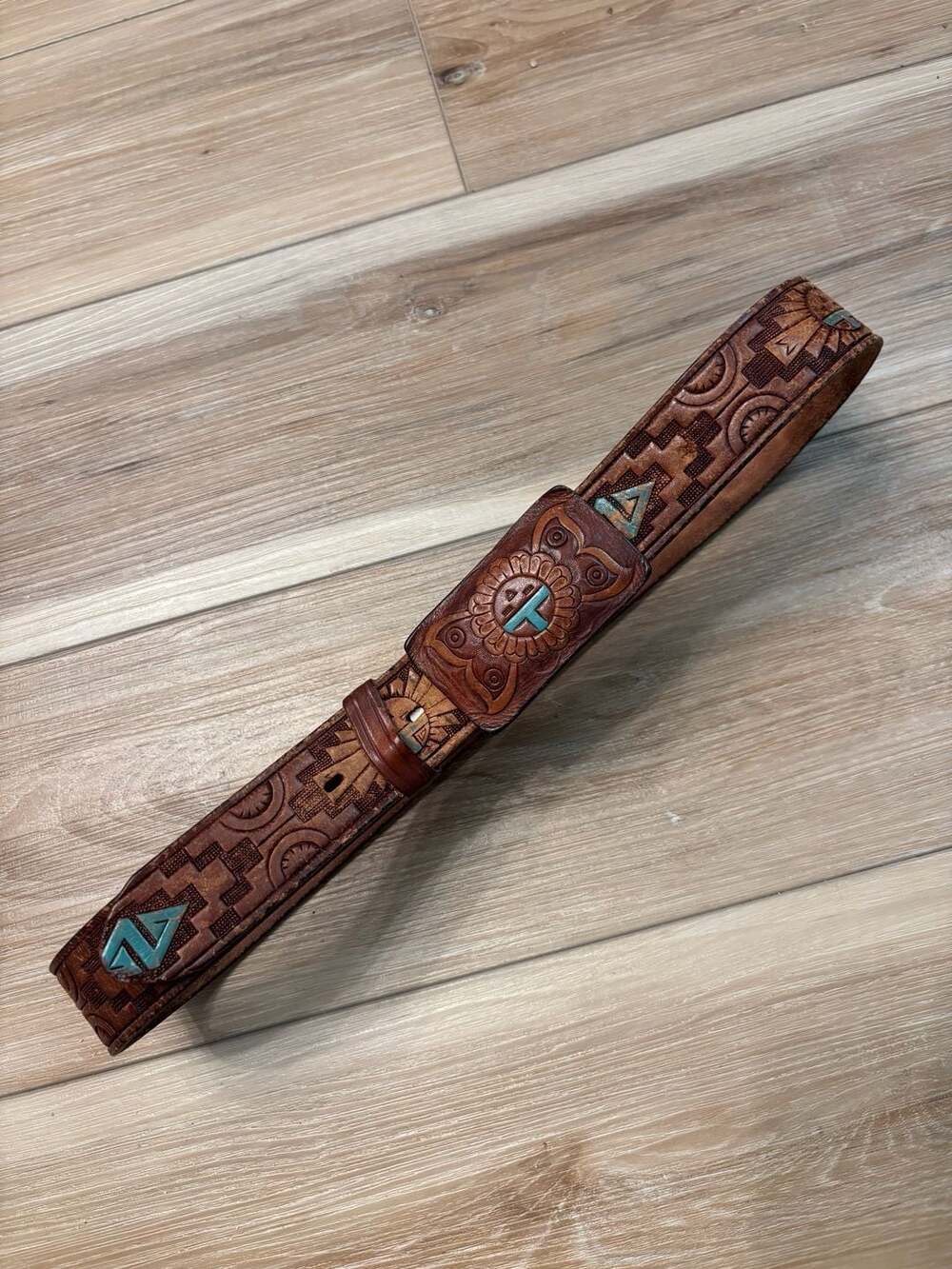 Vintage Fred Harvey Era Tooled Leather Belt with Turquoise